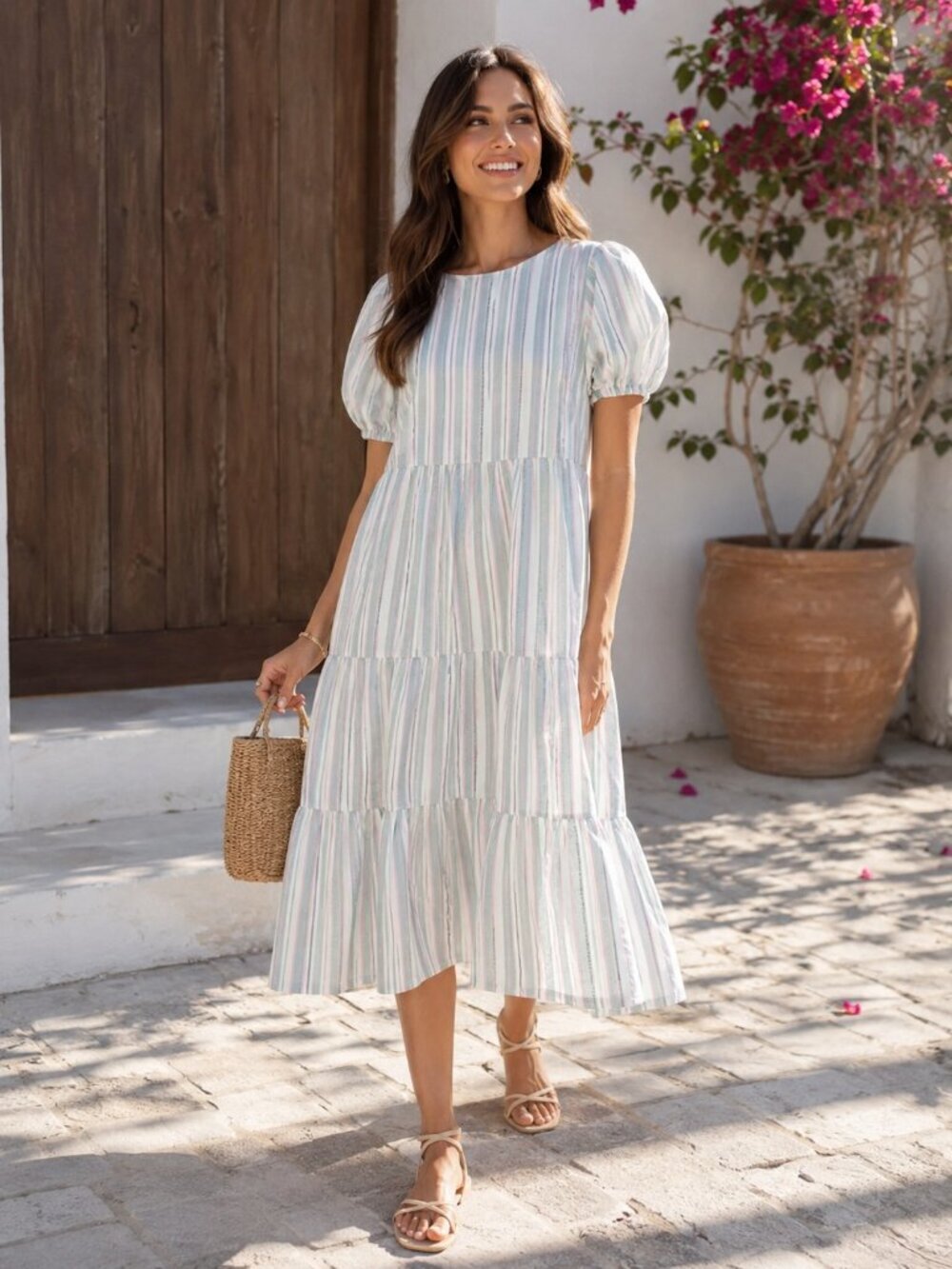 Lost + Wander Havana Streets Relaxed Fit Multi Stripe Crew Neck Midi Dress NWT